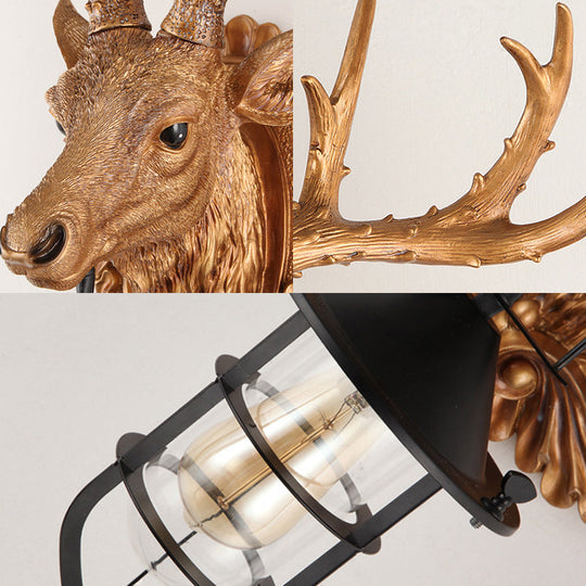 Rustic Elk Head Wall Sconce With Cage - 1-Light Courtyard Lamp Fixture In Brown Resin
