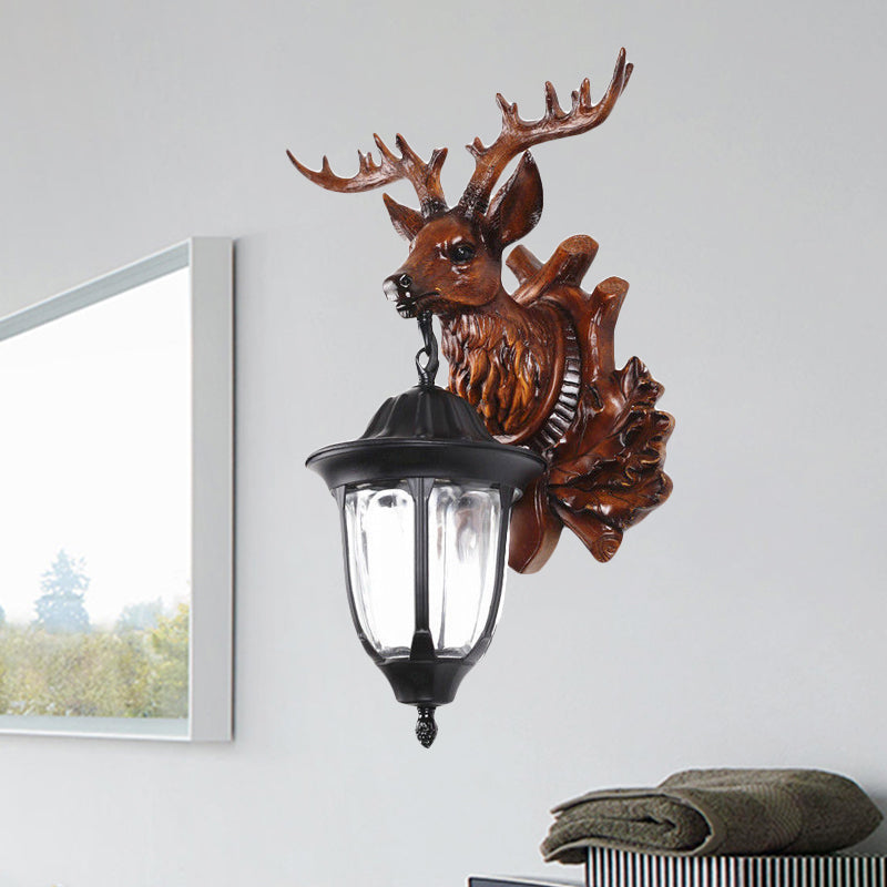 Bronze/Brown Elk Head Wall Mounted Light - Farmhouse Resin Sconce With Glass Shade