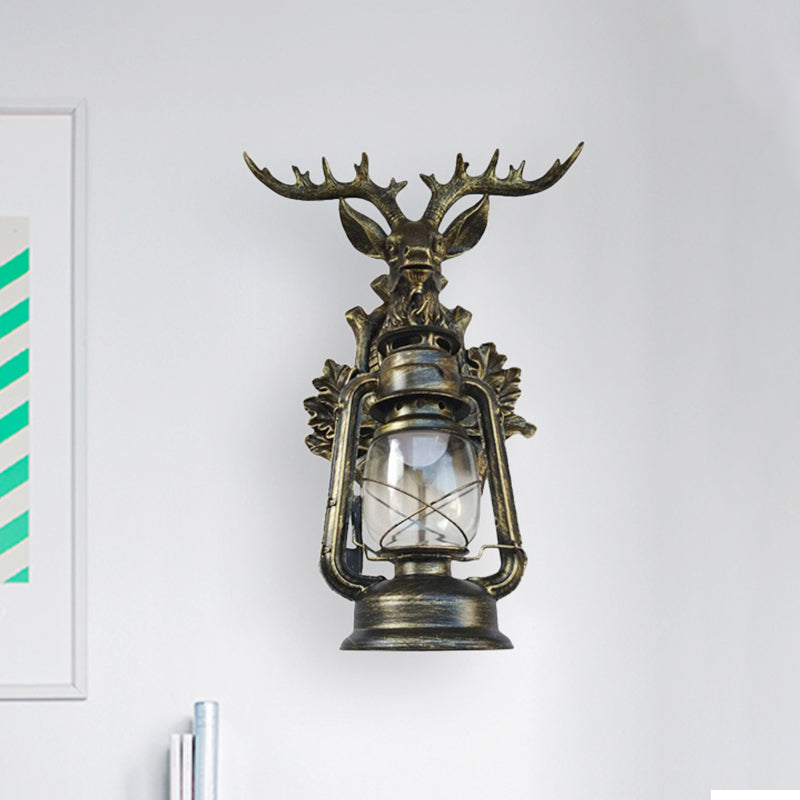 Rustic Elk Backplate Wall Lamp - Flameless Kerosene Sconce With Brown/Bronze Glass Bronze