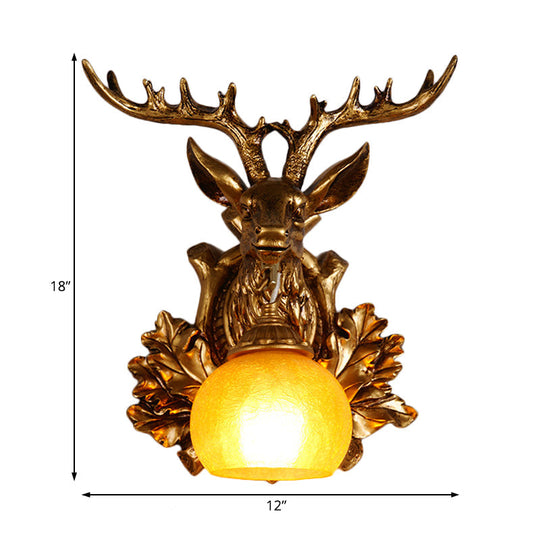 Dome Amber Glass Sconce Wall Lamp With Deer Head Backplate - Rural Lighting For Sitting Room 12/19.5