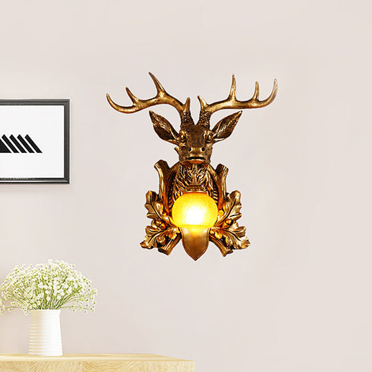 Dome Amber Glass Sconce Wall Lamp With Deer Head Backplate - Rural Lighting For Sitting Room 12/19.5