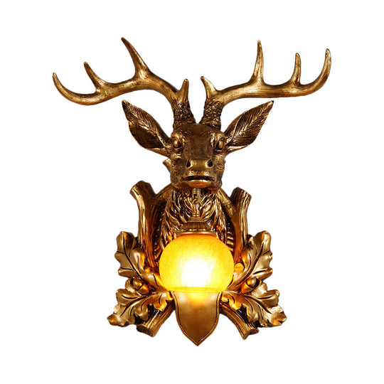 Dome Amber Glass Sconce Wall Lamp With Deer Head Backplate - Rural Lighting For Sitting Room 12/19.5
