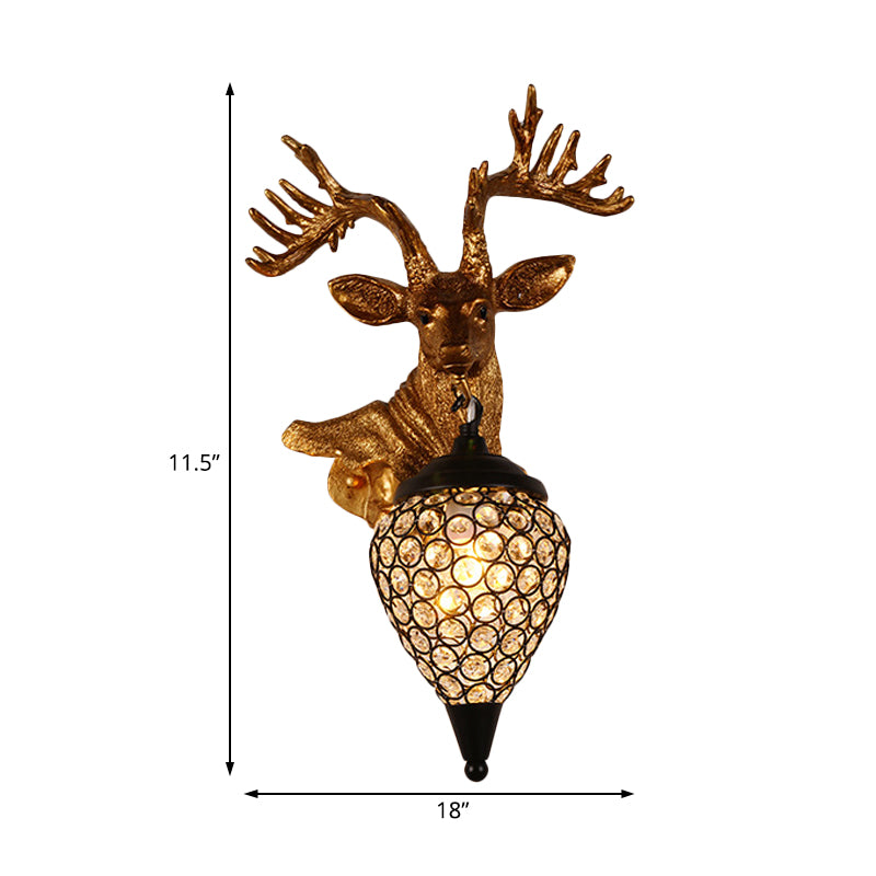Sika Deer Head Wall Sconce: Countryside Gold Resin Lamp With Crystal Shade