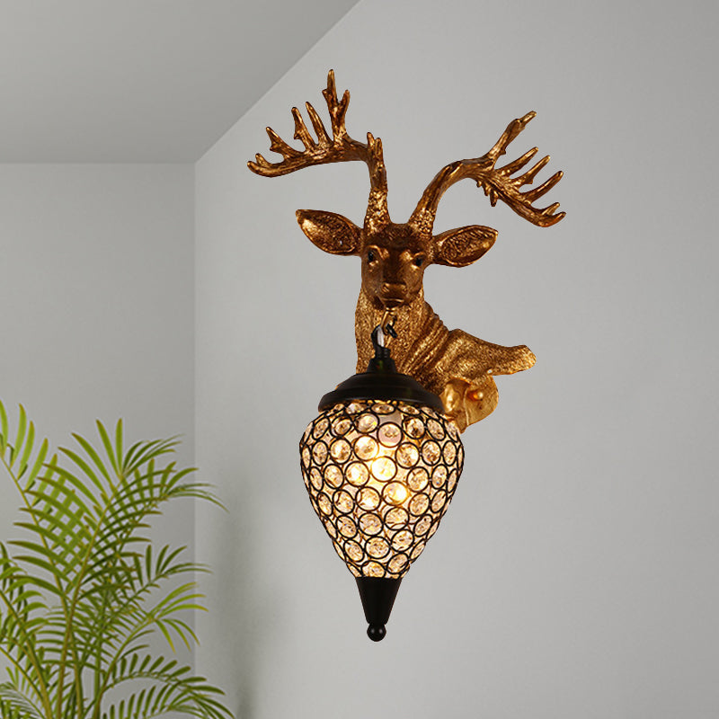 Sika Deer Head Wall Sconce: Countryside Gold Resin Lamp With Crystal Shade