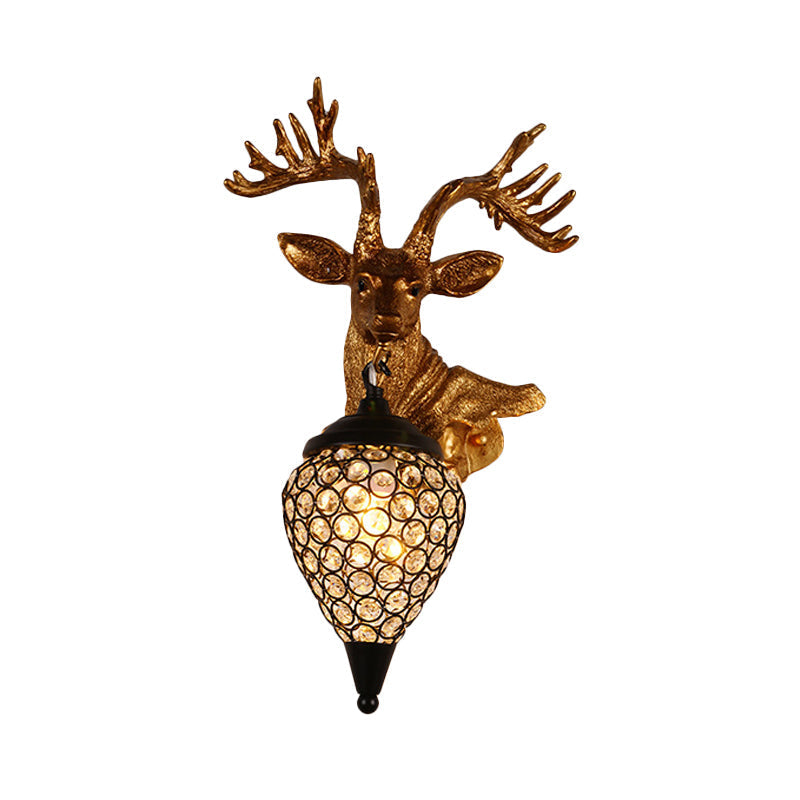 Sika Deer Head Wall Sconce: Countryside Gold Resin Lamp With Crystal Shade