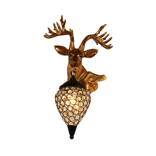 Sika Deer Head Wall Sconce: Countryside Gold Resin Lamp With Crystal Shade