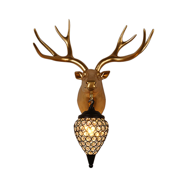 Rustic Black Raindrop Wall Mounted Crystal Lamp With Horse/Deer Head - Bedside Sconce