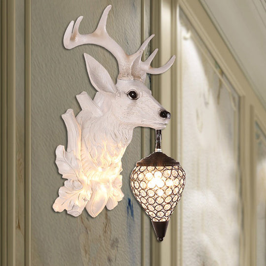 Rustic White Elk Wall Sconce With Crystal Shade - Indoor Lighting Fixture