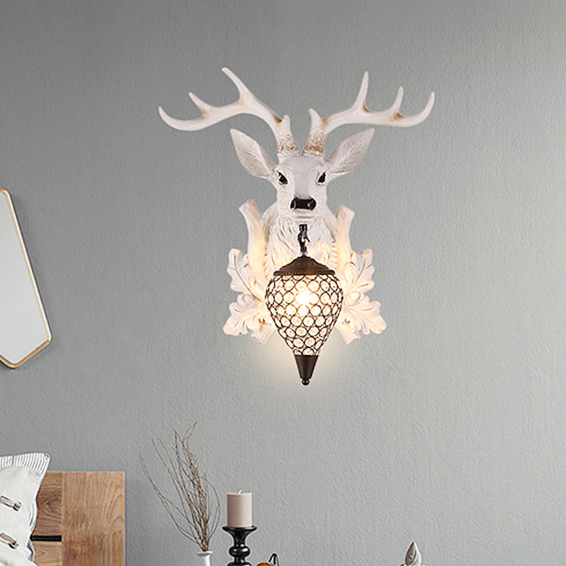 Rustic White Elk Wall Sconce With Crystal Shade - Indoor Lighting Fixture / 12