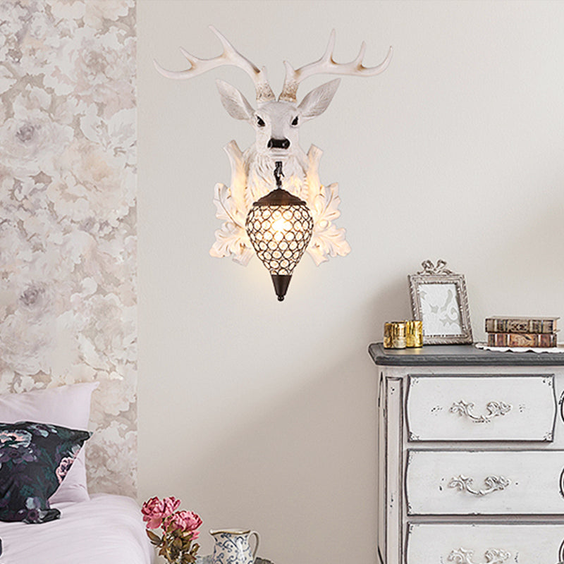 Rustic White Elk Wall Sconce With Crystal Shade - Indoor Lighting Fixture