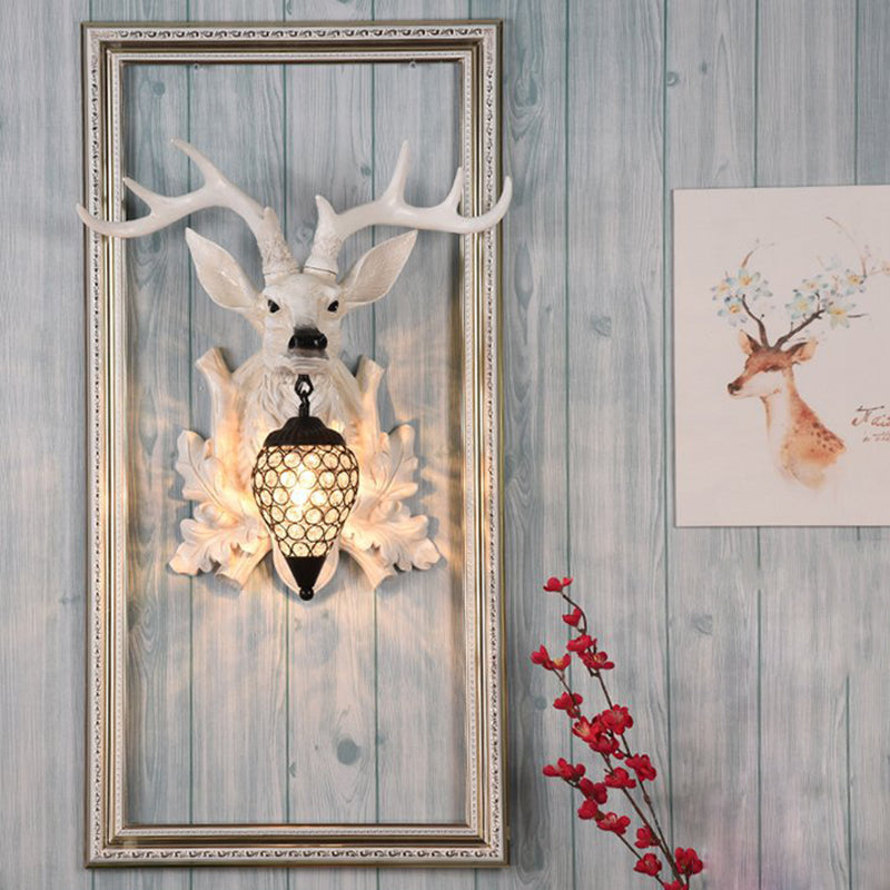 Rustic White Elk Wall Sconce With Crystal Shade - Indoor Lighting Fixture