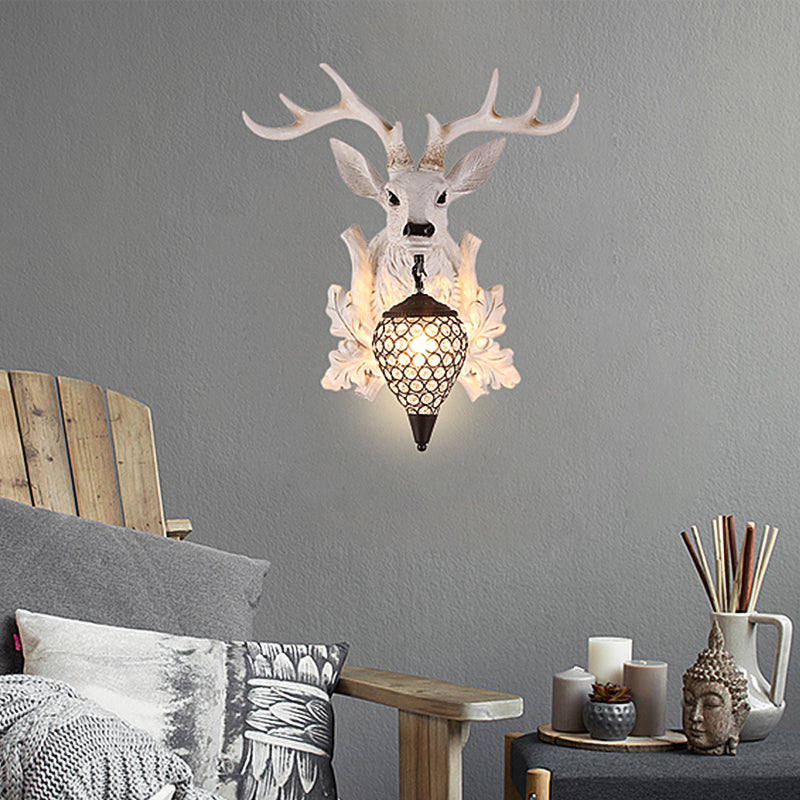 Rustic White Elk Wall Sconce With Crystal Shade - Indoor Lighting Fixture