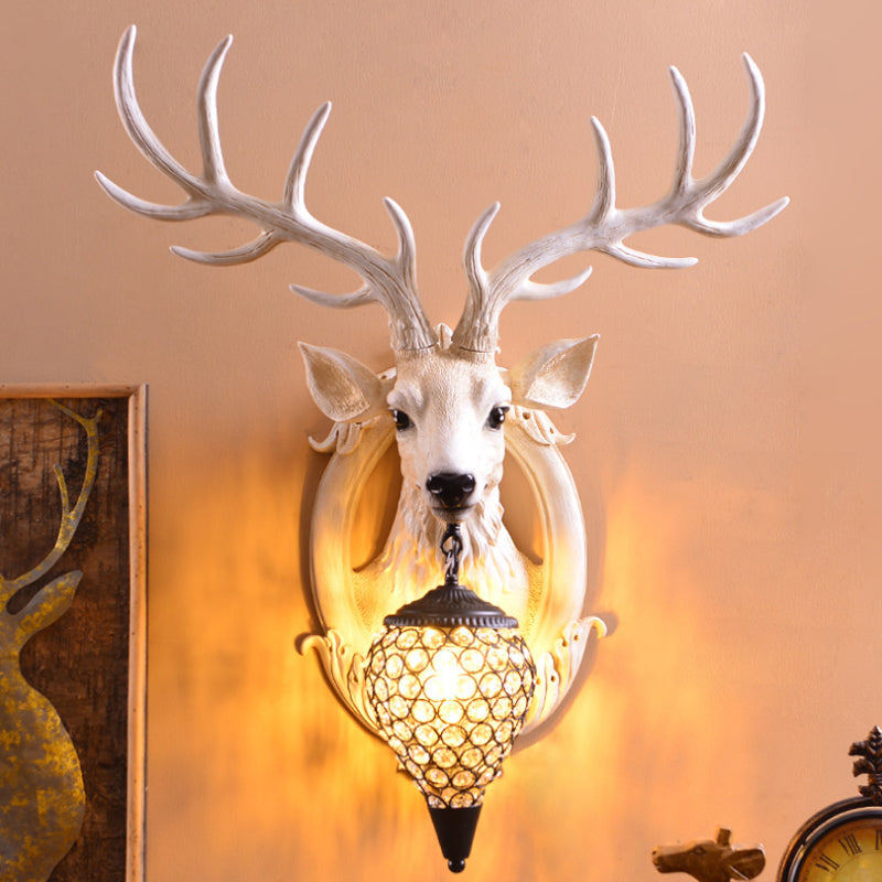 Clear Beveled Crystal Sconce With Rural White/Brown/Black Finish And Faux Elk Backplate - Bedroom