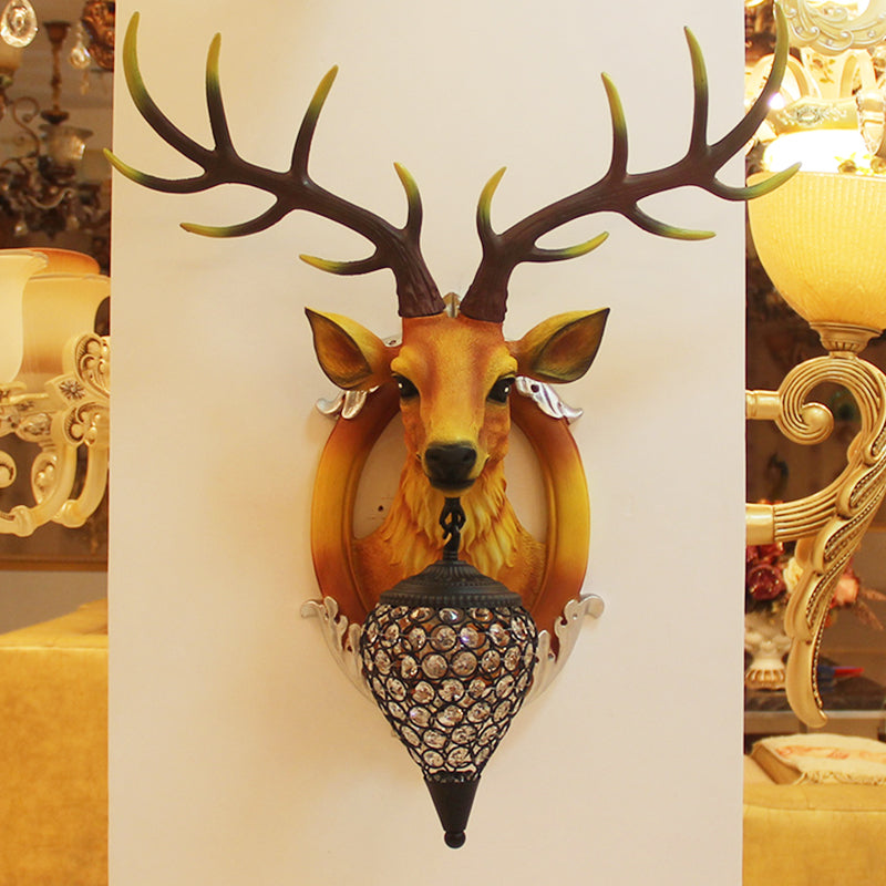 Farmhouse Style Brown Faux Deer Head Sconce Lamp - 16/21 Wide Wall Mounted With Crystal Shade / 16