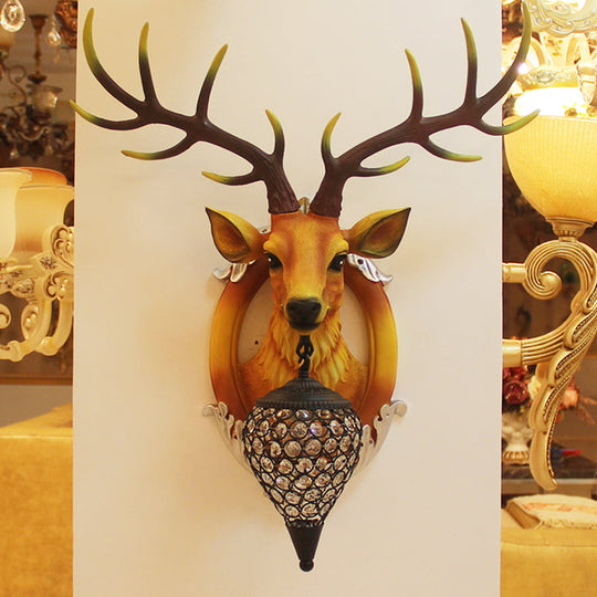 Farmhouse Style Brown Faux Deer Head Sconce Lamp - 16/21 Wide Wall Mounted With Crystal Shade / 16