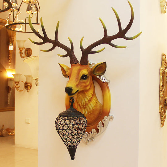 Farmhouse Style Brown Faux Deer Head Sconce Lamp - 16/21 Wide Wall Mounted With Crystal Shade