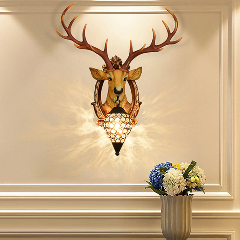 Gridded Raindrop Sconce Wall Mounted Lamp With Deer Resin Accent Countryside White/Yellow Crystal