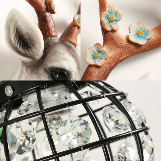 Elk Head Farmhouse Sconce: 1-Light Black & White Resin Wall Lamp With Flower Detail And Raindrop