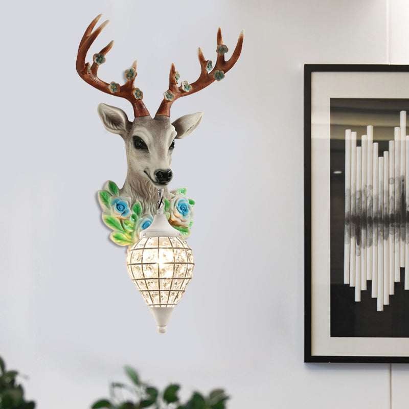 Elk Head Farmhouse Sconce: 1-Light Black & White Resin Wall Lamp With Flower Detail And Raindrop