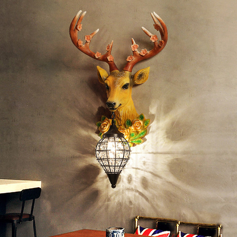 Elk Head Farmhouse Sconce: 1-Light Black & White Resin Wall Lamp With Flower Detail And Raindrop