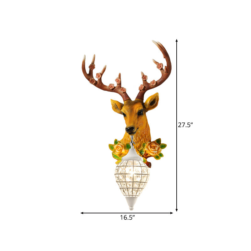 Elk Head Farmhouse Sconce: 1-Light Black & White Resin Wall Lamp With Flower Detail And Raindrop