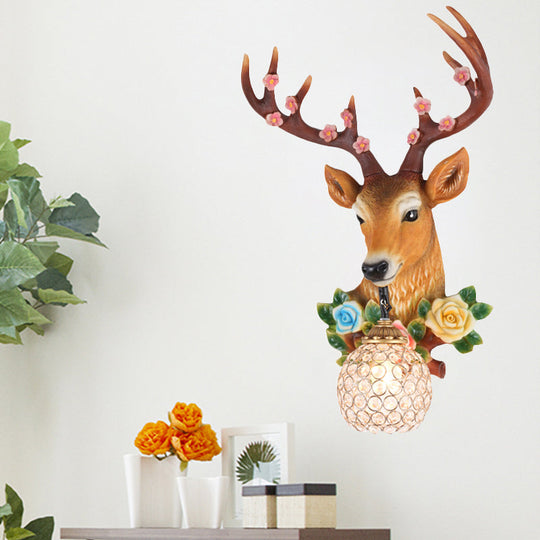 Elk Head Wall Sconce With Crystal Globe Shade Rustic White/Wood Finish And Flower Designs