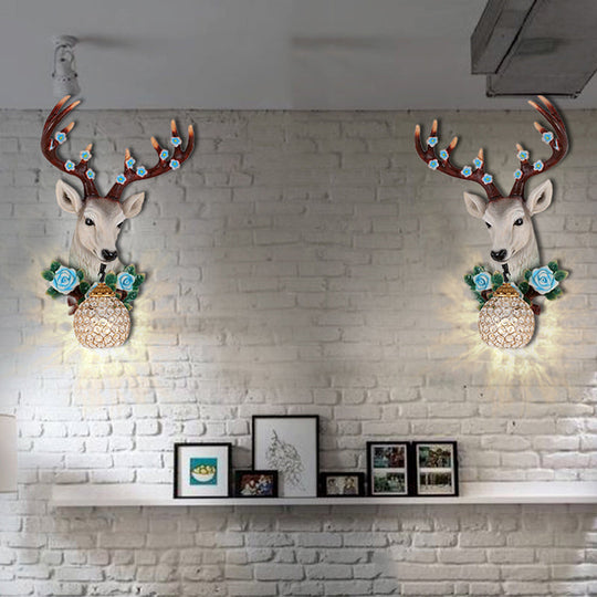 Elk Head Wall Sconce With Crystal Globe Shade Rustic White/Wood Finish And Flower Designs