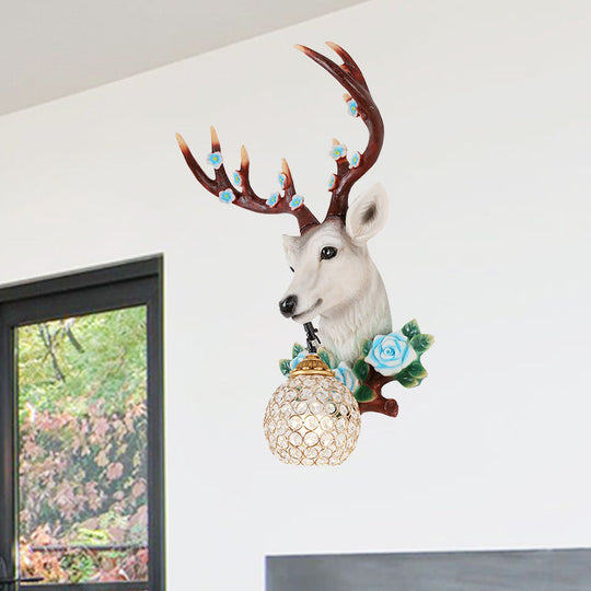 Elk Head Wall Sconce With Crystal Globe Shade Rustic White/Wood Finish And Flower Designs