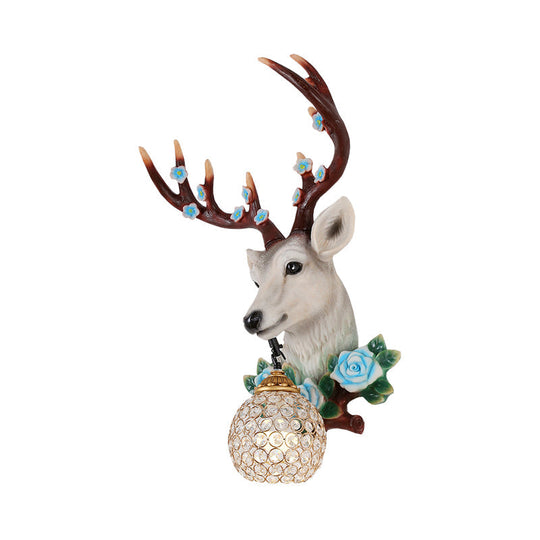 Elk Head Wall Sconce With Crystal Globe Shade Rustic White/Wood Finish And Flower Designs