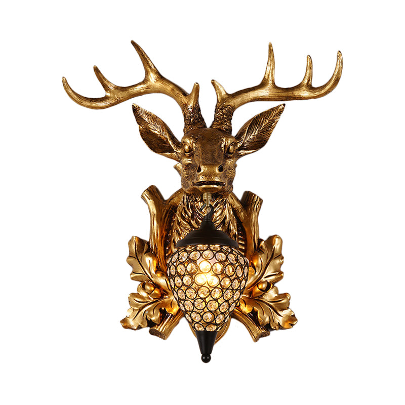 Farmhouse Teardrop Crystal Wall Mount Sconce With Elk Head Backplate - Brown/Gold 12/19.5