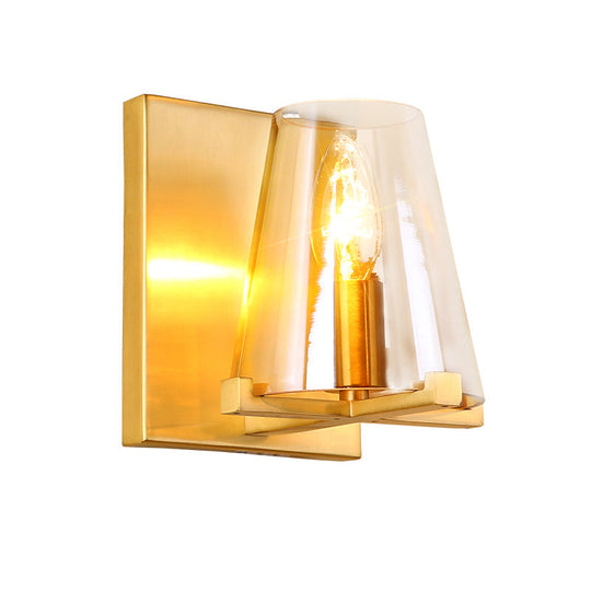 Colonial Wall Sconce: Clear Glass Cone-Shaped Light Fixture With Brass Mount For Kitchen