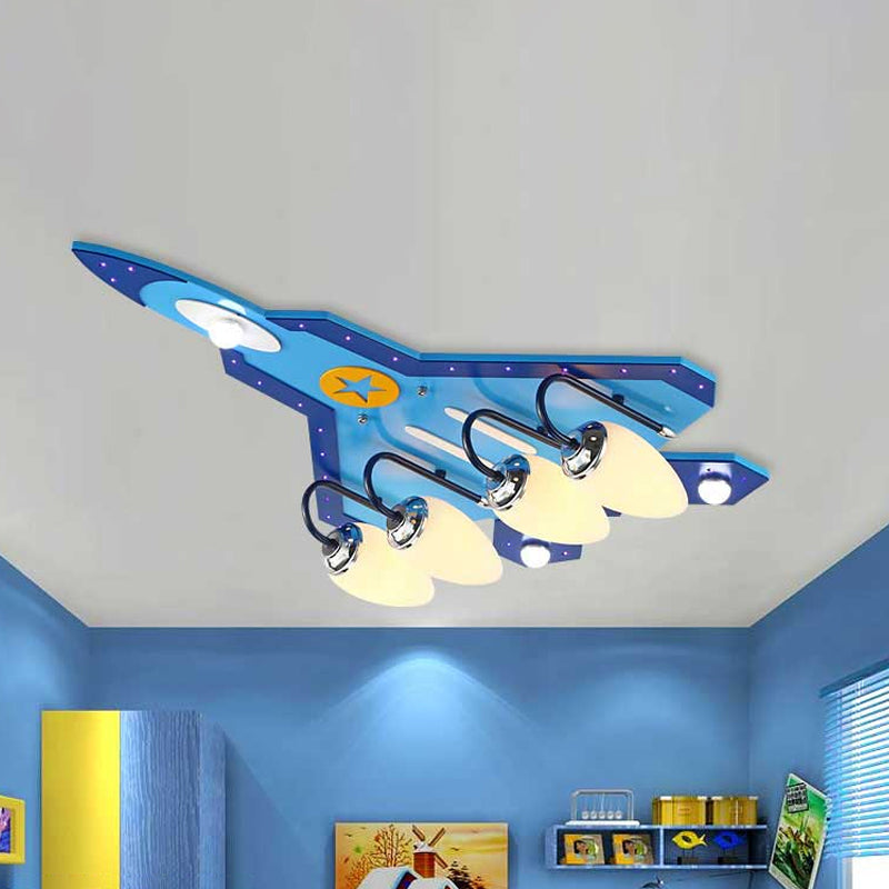 Blue Cartoon Plane Close-To-Ceiling Flushmount Lamp With Warm/White Lighting - 3/5 Bulb Wooden