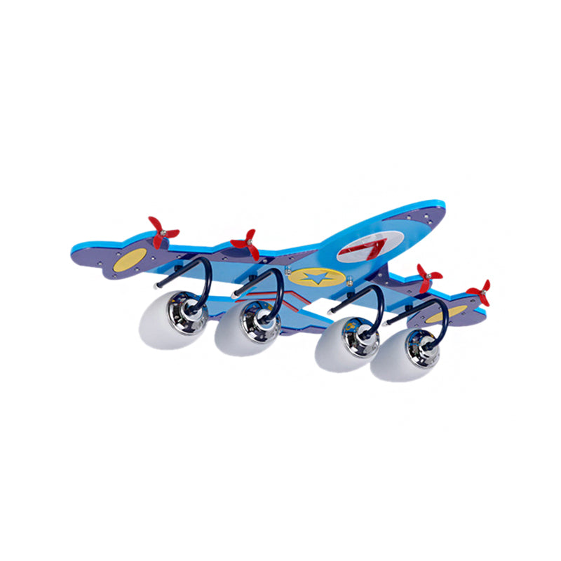 Kid Blue Plane Flush Mount Lamp With Opal Glass Shade - 4 - Bulb Bedroom Ceiling Fixture
