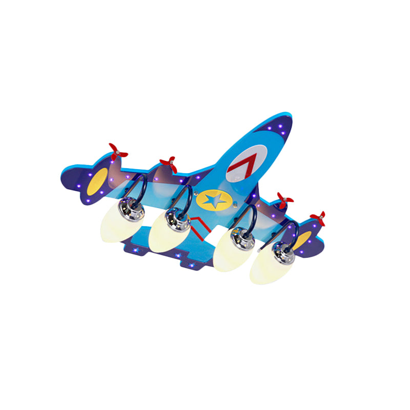 Kid Blue Plane Flush Mount Lamp With Opal Glass Shade - 4 - Bulb Bedroom Ceiling Fixture