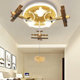 Kids Yellow Cloud & Plane 3-Light Wood Ceiling Flushmount With Pull Chain