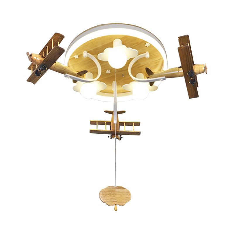 Kids’ Yellow Cloud & Plane 3 - Light Wood Ceiling Flushmount With Pull Chain