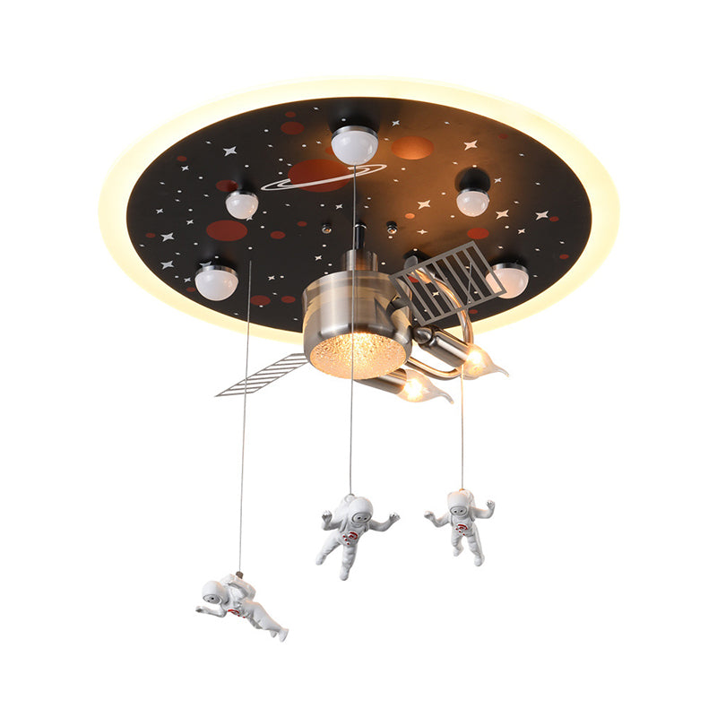 16’/22’ Wide Black Space Satellite Flush Light With 2 Lights And Resin Spacemen Sculpture