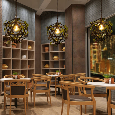 Geometric Metal Pendulum Light With Bulb And Fake Vine - Perfect For Industrial Restaurant Ceiling