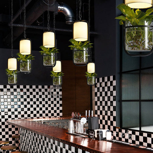 Rustic Led Pendant Light Fixture In Cylinder Shape Black/White/Gold Fabric Warm/White With Plant Cup