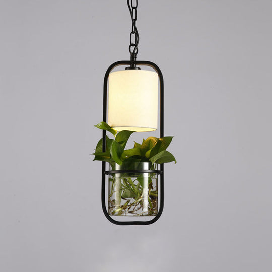 Rustic Led Pendant Light Fixture In Cylinder Shape Black/White/Gold Fabric Warm/White With Plant Cup