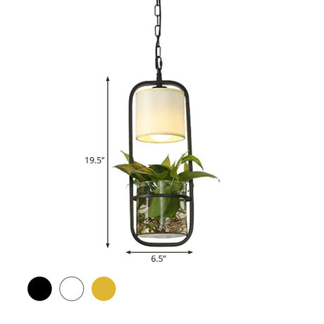 Cylinder Led Pendant Light Fixture In Rustic Black/White/Gold With Warm/White And Plant Cup