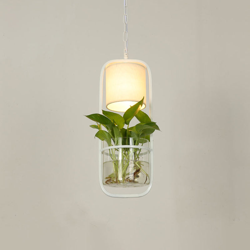 Rustic Led Pendant Light Fixture In Cylinder Shape Black/White/Gold Fabric Warm/White With Plant Cup