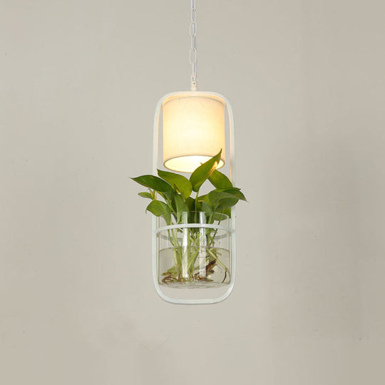Rustic Led Pendant Light Fixture In Cylinder Shape Black/White/Gold Fabric Warm/White With Plant Cup