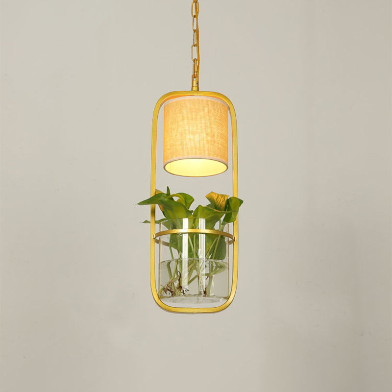 Rustic Led Pendant Light Fixture In Cylinder Shape Black/White/Gold Fabric Warm/White With Plant Cup