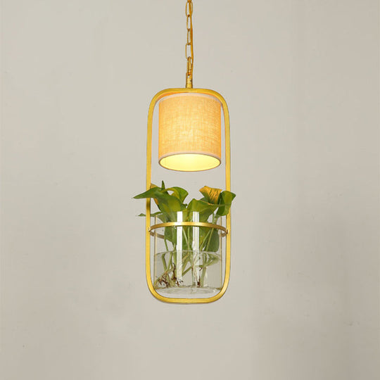 Rustic Led Pendant Light Fixture In Cylinder Shape Black/White/Gold Fabric Warm/White With Plant Cup