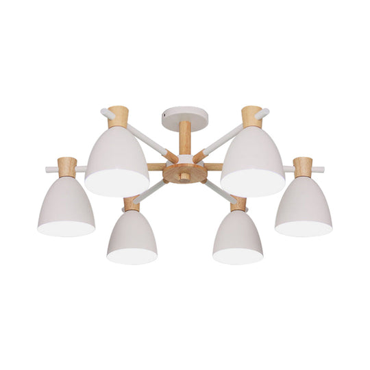 Nordic Bell Shaped Hanging Light Chandelier With Wood Accent - 6 Bulbs White