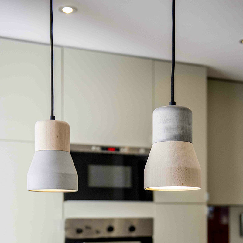 Cement Bottle Small Hanging Lamp Macaron Single Red/Grey/Green Ceiling Pendant Light With Wood Top