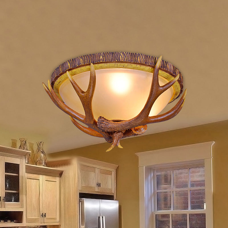 Farmhouse Brown Frosted Glass Ceiling Light With Antler Deco - 3 - Light Dome Flush Mount Fixture