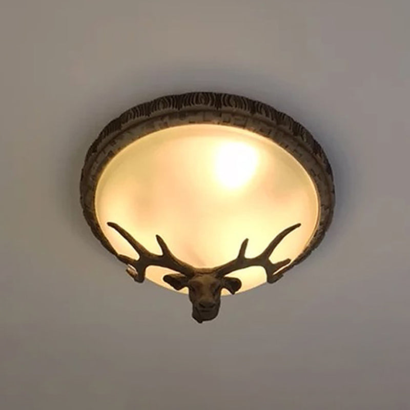 Rustic Domed Tan Glass Flush Light With Deer Head Decor – 3 - Bulb Ceiling Fixture Brown