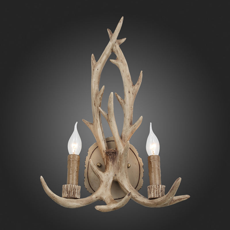 Rustic 2-Head Antler Wall Light Fixture - Coffee/Brown/Grey Resin Mounted Lamp With Naked Bulb